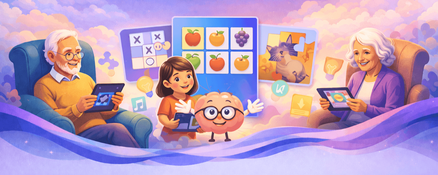 BrainFunHub - A friendly brain mascot surrounded by seniors enjoying brain training games