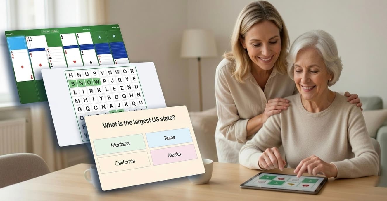 A caregiver and her mother happily playing BrainFunHub brain games together on a tablet, with game screenshots including solitaire, word search, and trivia floating nearby