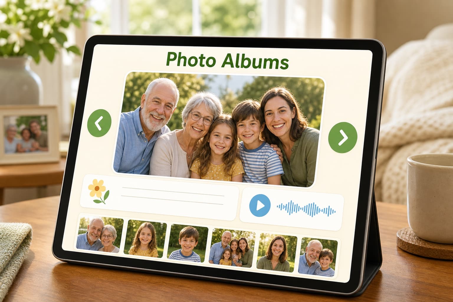 A tablet displaying a senior-friendly photo album with a large family picture, simple arrows, a note, and a voice recording control