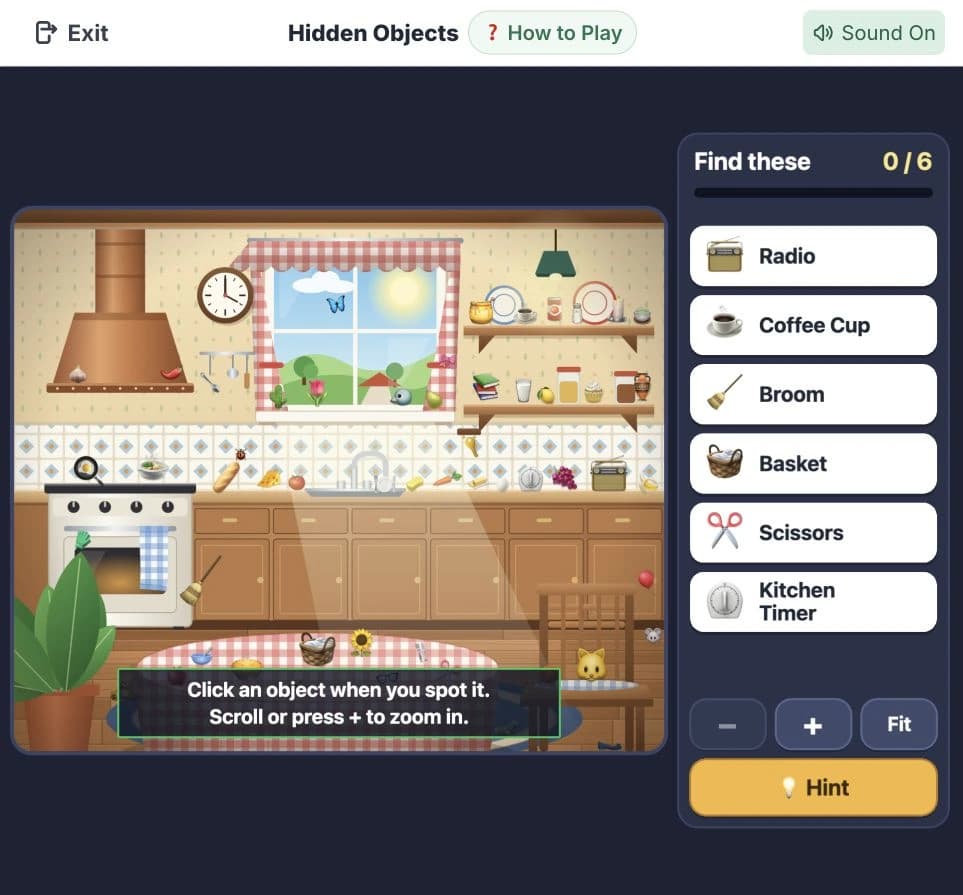 BrainFunHub Hidden Objects Country Kitchen scene beside six pictured objects to find, with zoom, Fit and Hint controls.
