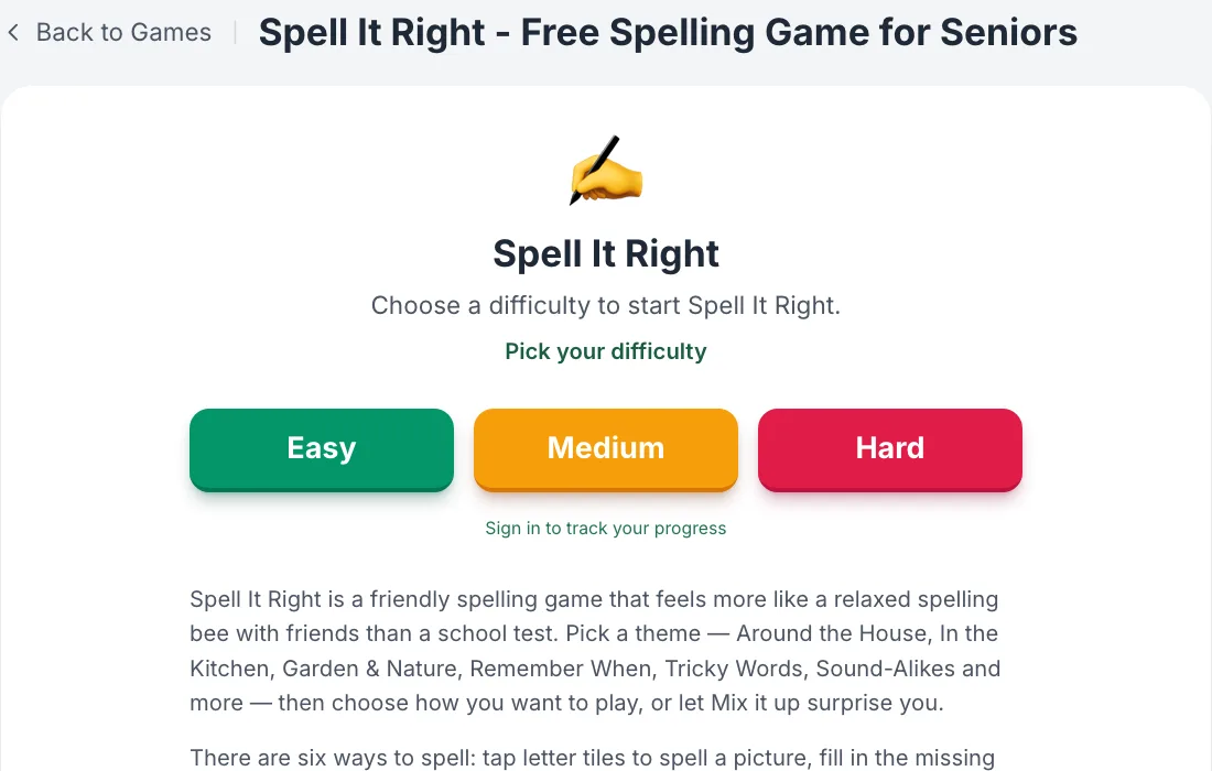 Spell It Right start screen with Easy, Medium, and Hard buttons